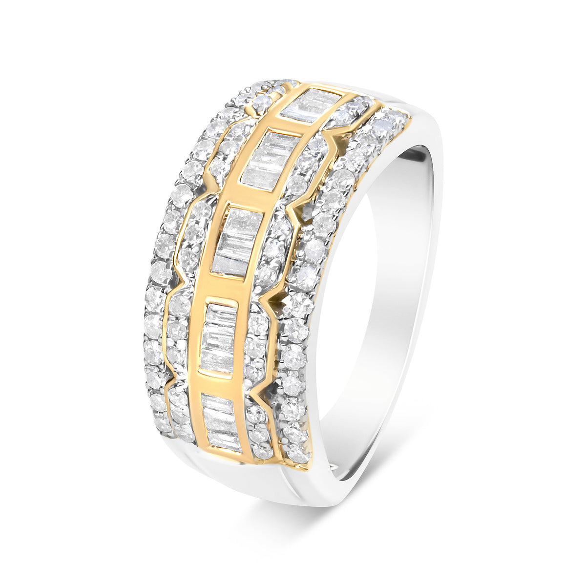 Anillo de oro blanco y amarillo de 10K con diamantes baguette y de talla redonda de 1,00 quilates, estilo Art Déco, multihilera (color I-J, claridad I1-I2) - Talla 7