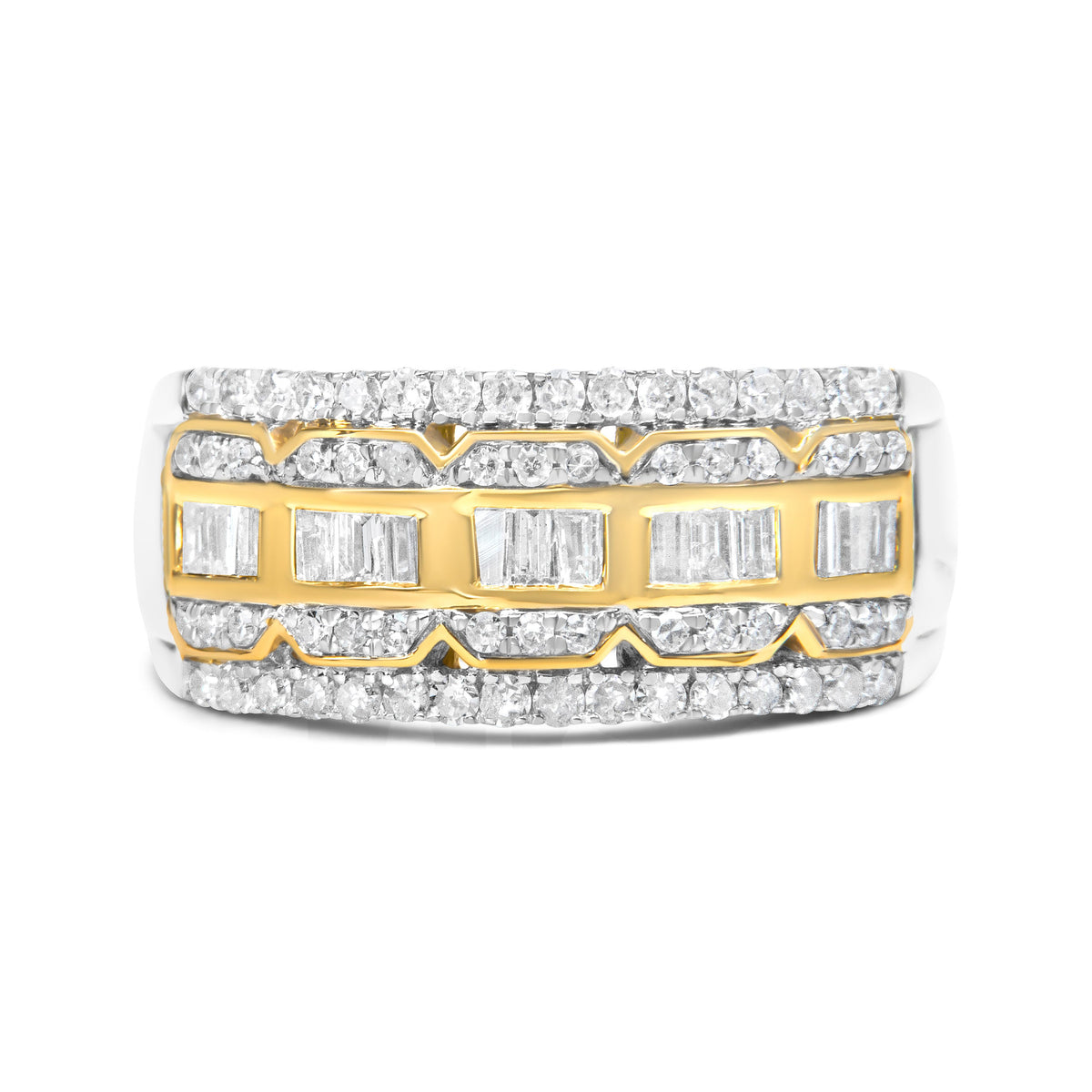 Anillo de oro blanco y amarillo de 10K con diamantes baguette y de talla redonda de 1,00 quilates, estilo Art Déco, multihilera (color I-J, claridad I1-I2) - Talla 7