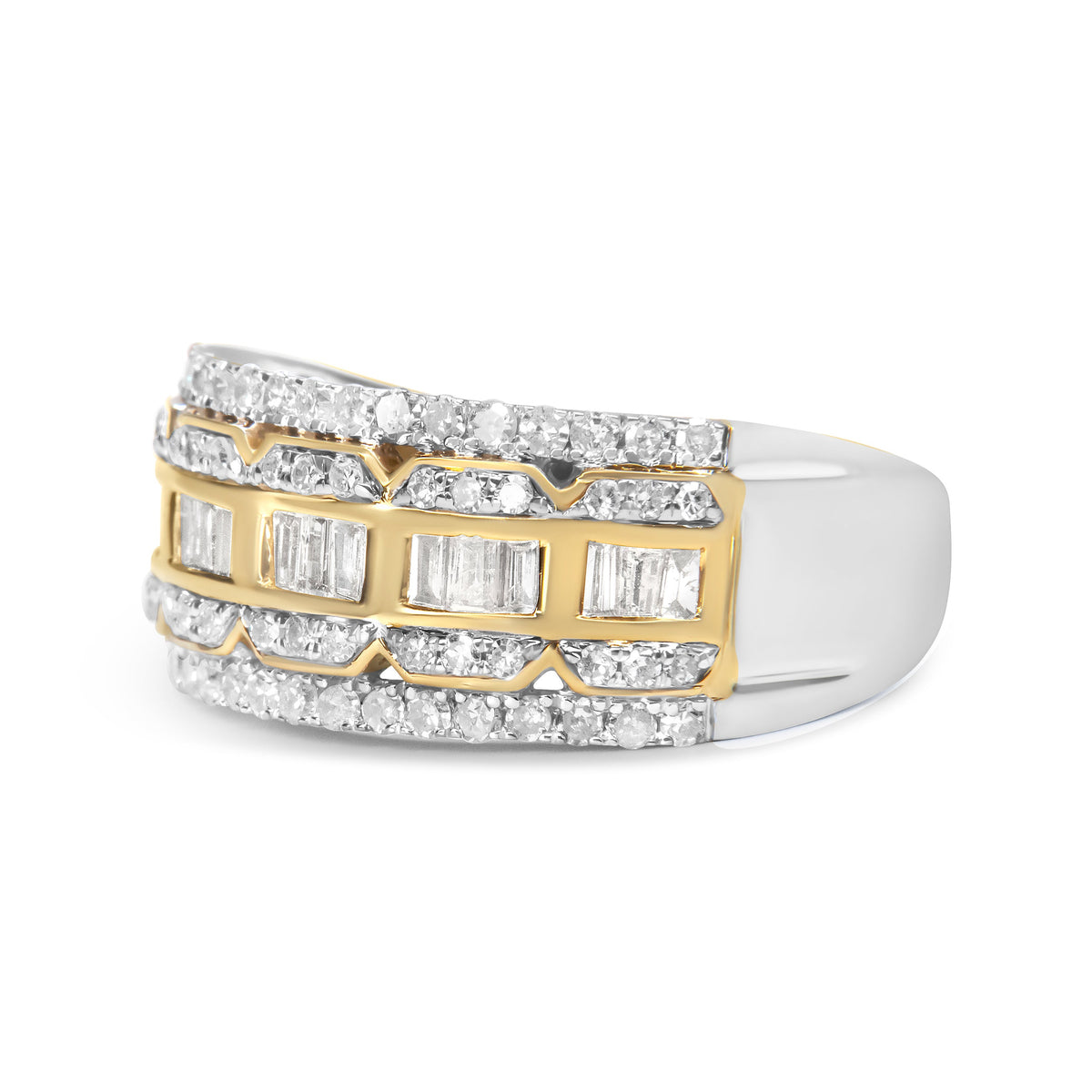 Anillo de oro blanco y amarillo de 10K con diamantes baguette y de talla redonda de 1,00 quilates, estilo Art Déco, multihilera (color I-J, claridad I1-I2) - Talla 7