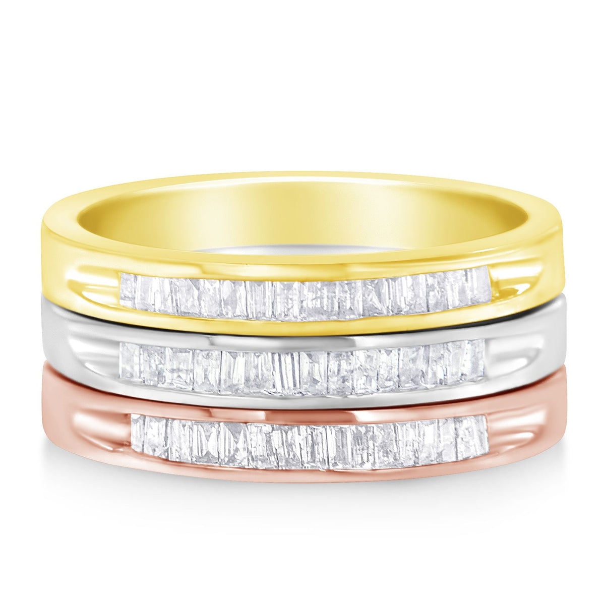Anillo de banda apilable con engaste de canal de diamantes de 5/8 qt. en oro amarillo, blanco y rosa de 10 qt. sobre plata de ley .925 (color H-I, claridad I1-I2) - Talla 6 3/4