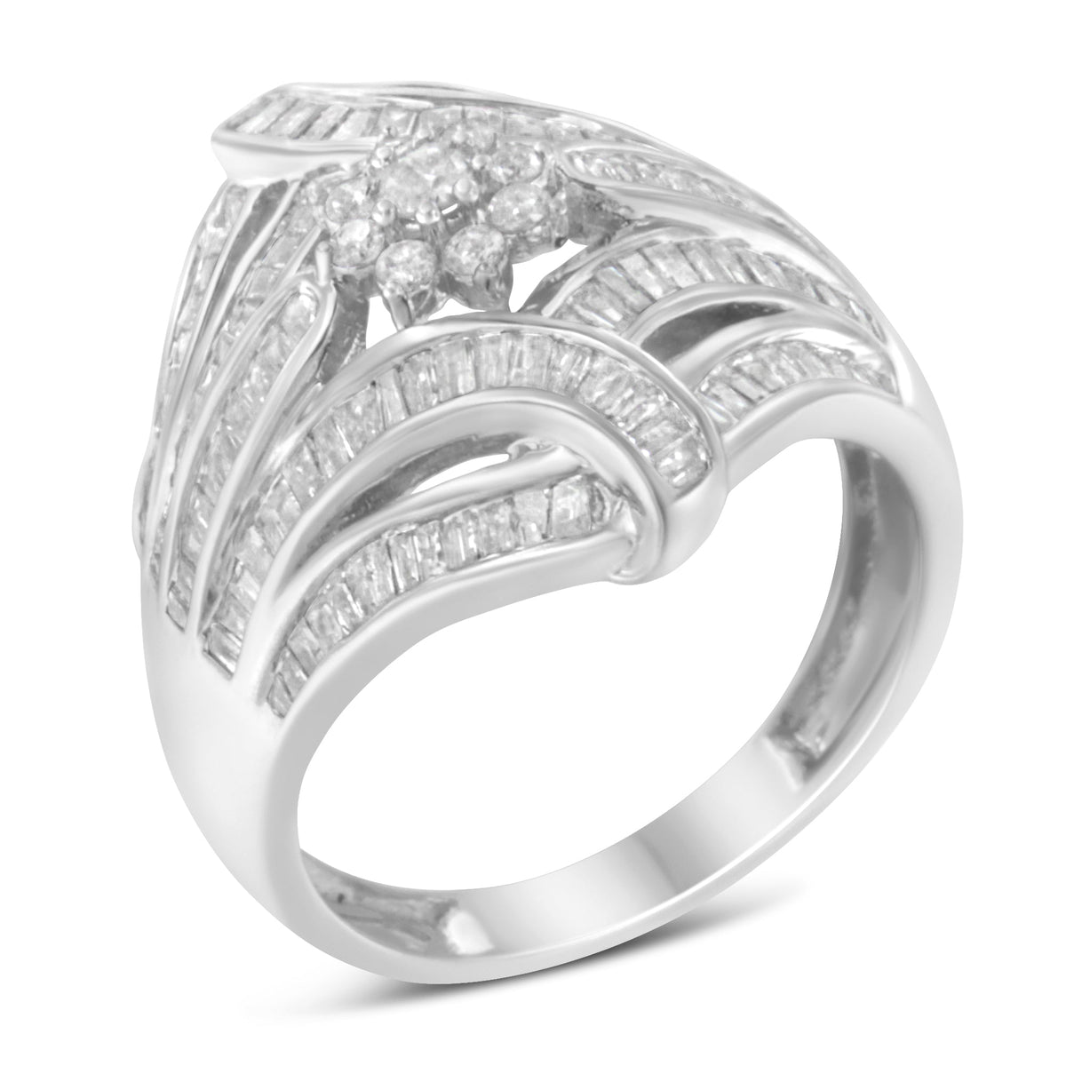 Anillo de cóctel de moda con racimo de diamantes redondos y baguette de .925 de plata esterlina de 1-1/8 quilates con diseño de 'flor y helecho' (color I-J, claridad I2-I3) - Talla 6