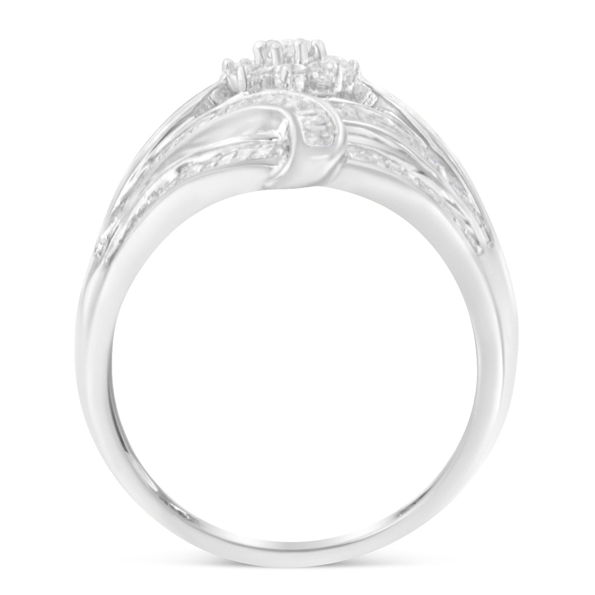 Anillo de cóctel de moda con racimo de diamantes redondos y baguette de .925 de plata esterlina de 1-1/8 quilates con diseño de 'flor y helecho' (color I-J, claridad I2-I3) - Talla 6