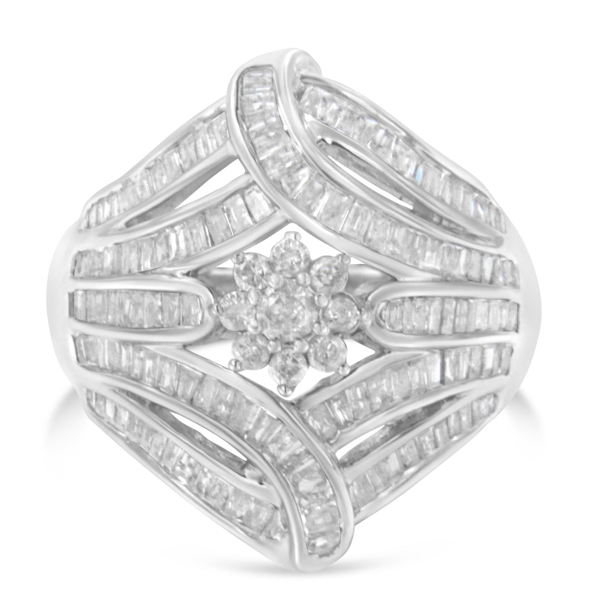 Anillo de cóctel de moda con racimo de diamantes redondos y baguette de .925 de plata esterlina de 1-1/8 quilates con diseño de 'flor y helecho' (color I-J, claridad I2-I3) - Talla 6