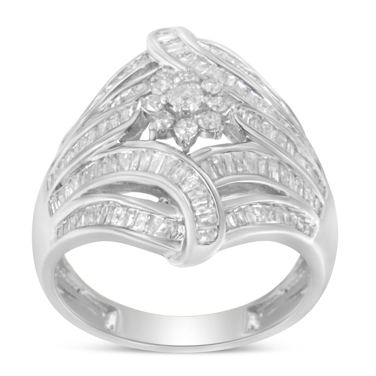 Anillo de cóctel de moda con racimo de diamantes redondos y baguette de .925 de plata esterlina de 1-1/8 quilates con diseño de 'flor y helecho' (color I-J, claridad I2-I3) - Talla 6