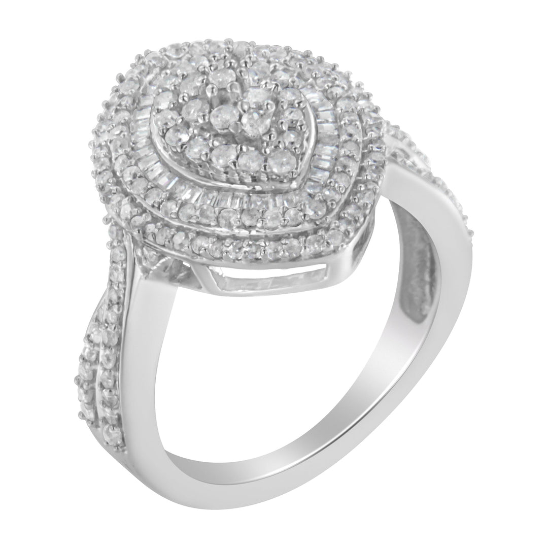 Anillo de cóctel de plata de ley .925 con diamantes redondos y talla baguette de 1.0 Cttw, diseño de racimo en forma de marquesa y triple halo escalonado (Color I-J, Claridad I2-I3) - Talla 7