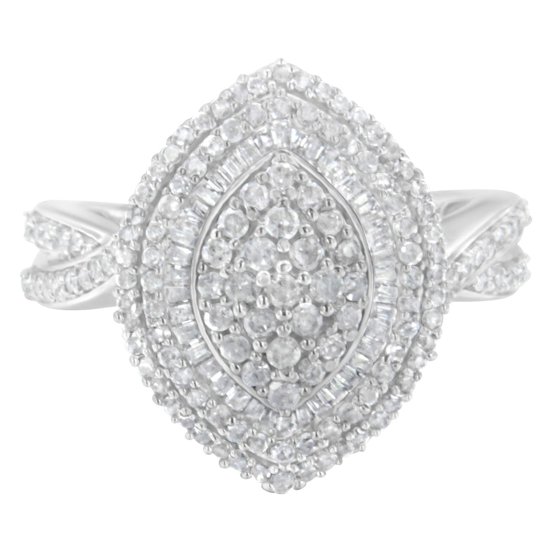 Anillo de cóctel de plata de ley .925 con diamantes redondos y talla baguette de 1.0 Cttw, diseño de racimo en forma de marquesa y triple halo escalonado (Color I-J, Claridad I2-I3) - Talla 7