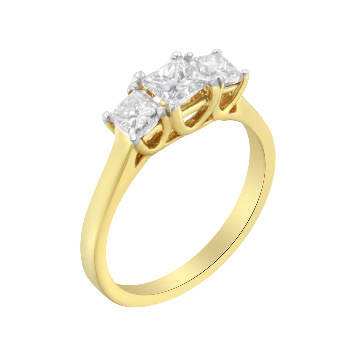Anillo de oro amarillo de 10 qt con diamantes de talla princesa de tres piedras (1 quilate total, color J-K, claridad I1-I2) - Talla 6