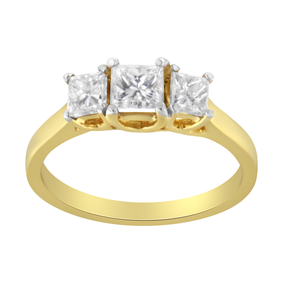 Anillo de oro amarillo de 10 qt con diamantes de talla princesa de tres piedras (1 quilate total, color J-K, claridad I1-I2) - Talla 6