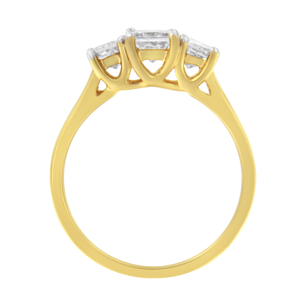 Anillo de oro amarillo de 10 qt con diamantes de talla princesa de tres piedras (1 quilate total, color J-K, claridad I1-I2) - Talla 6