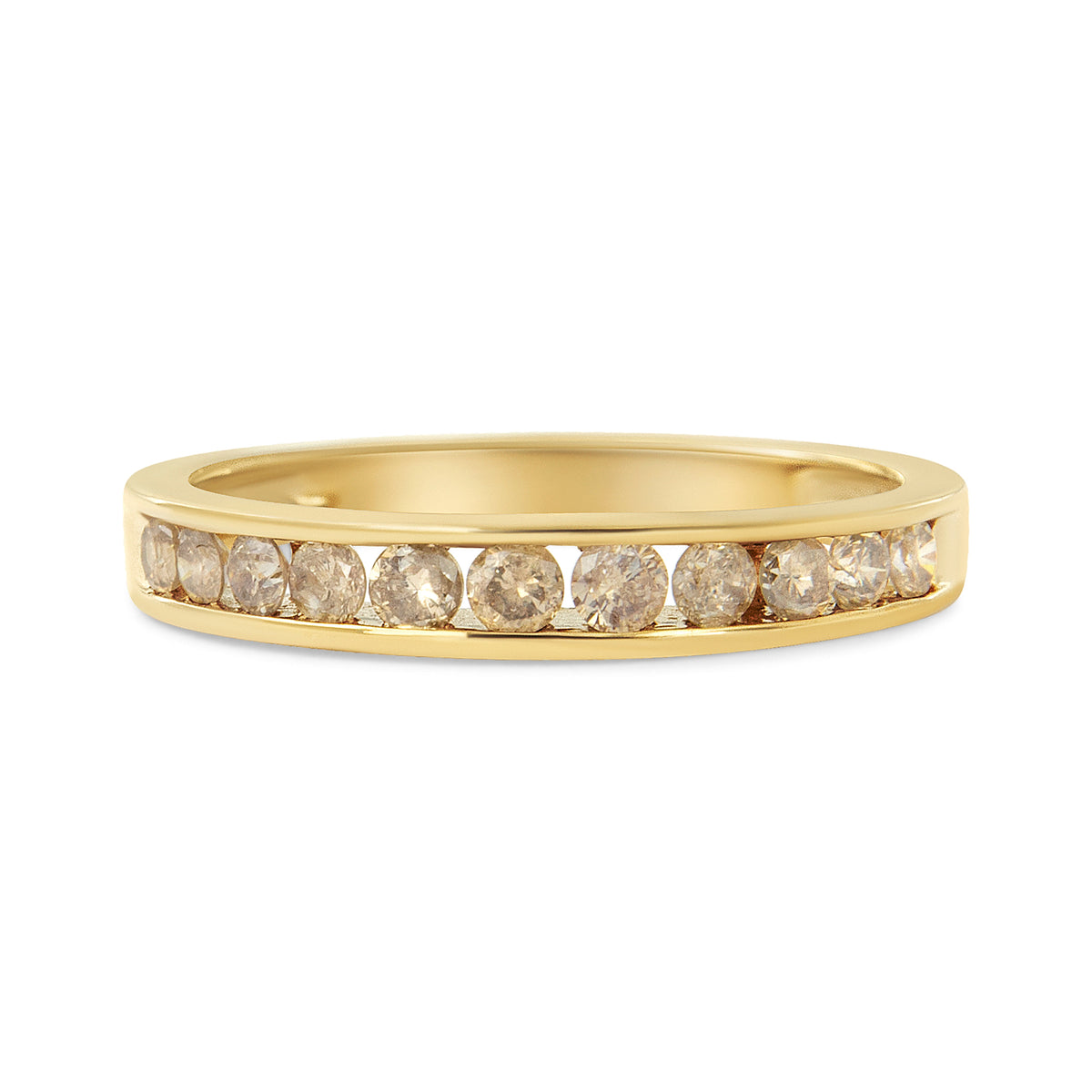 Anillo de oro amarillo de 14 quilates laminado en plata esterlina .925 con diamantes redondos color champán de 1/2 quilate engarzados en canal, 11 piedras (color K-L, claridad I1-I2) - Talla 7
