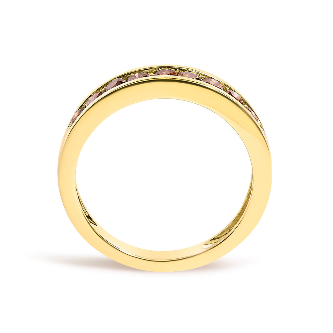 14K Yellow Gold Plated .925 Sterling Silver 1/2 Cttw Channel Set Round Champagne Diamond 11 Stone Band Ring (K-L Color, I1-I2 Clarity) - Size 7