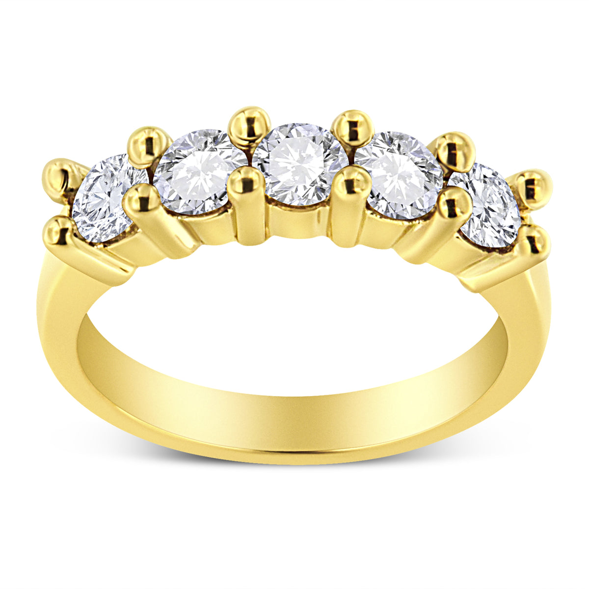 Anillo de banda de 5 piedras de plata de ley .925 chapado en oro amarillo de 14K con diamante redondo de 1.0 Cttw engarzado en garras compartidas (Color J-K, Claridad I1-I2) - Talla 7