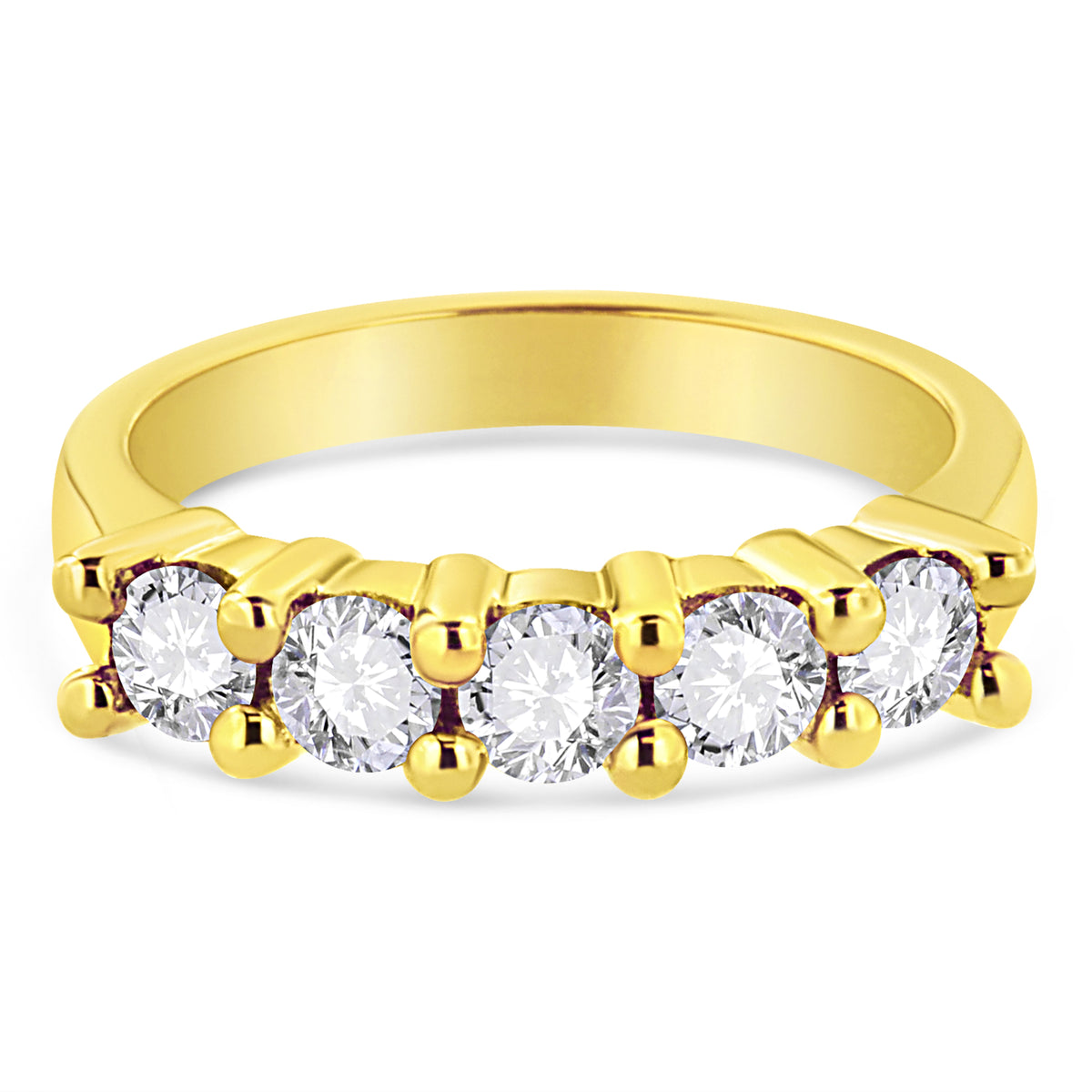 Anillo de banda de 5 piedras de plata de ley .925 chapado en oro amarillo de 14K con diamante redondo de 1.0 Cttw engarzado en garras compartidas (Color J-K, Claridad I1-I2) - Talla 7
