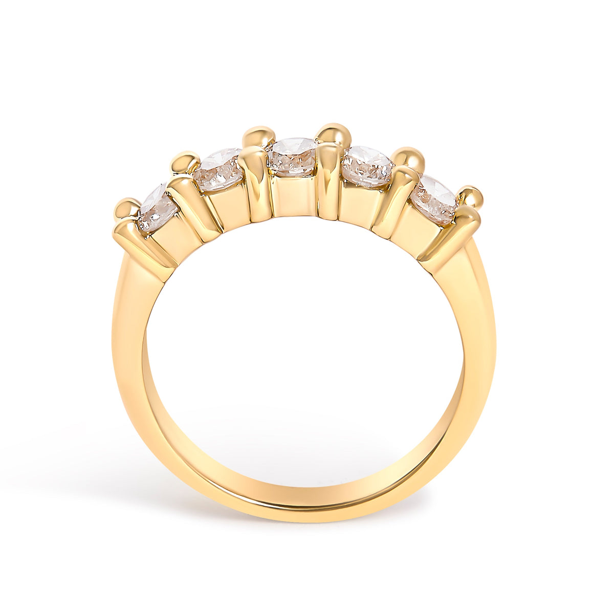 Anillo de banda de 5 piedras de plata de ley .925 chapado en oro amarillo de 14K con diamante redondo de 1.0 Cttw engarzado en garras compartidas (Color J-K, Claridad I1-I2) - Talla 7