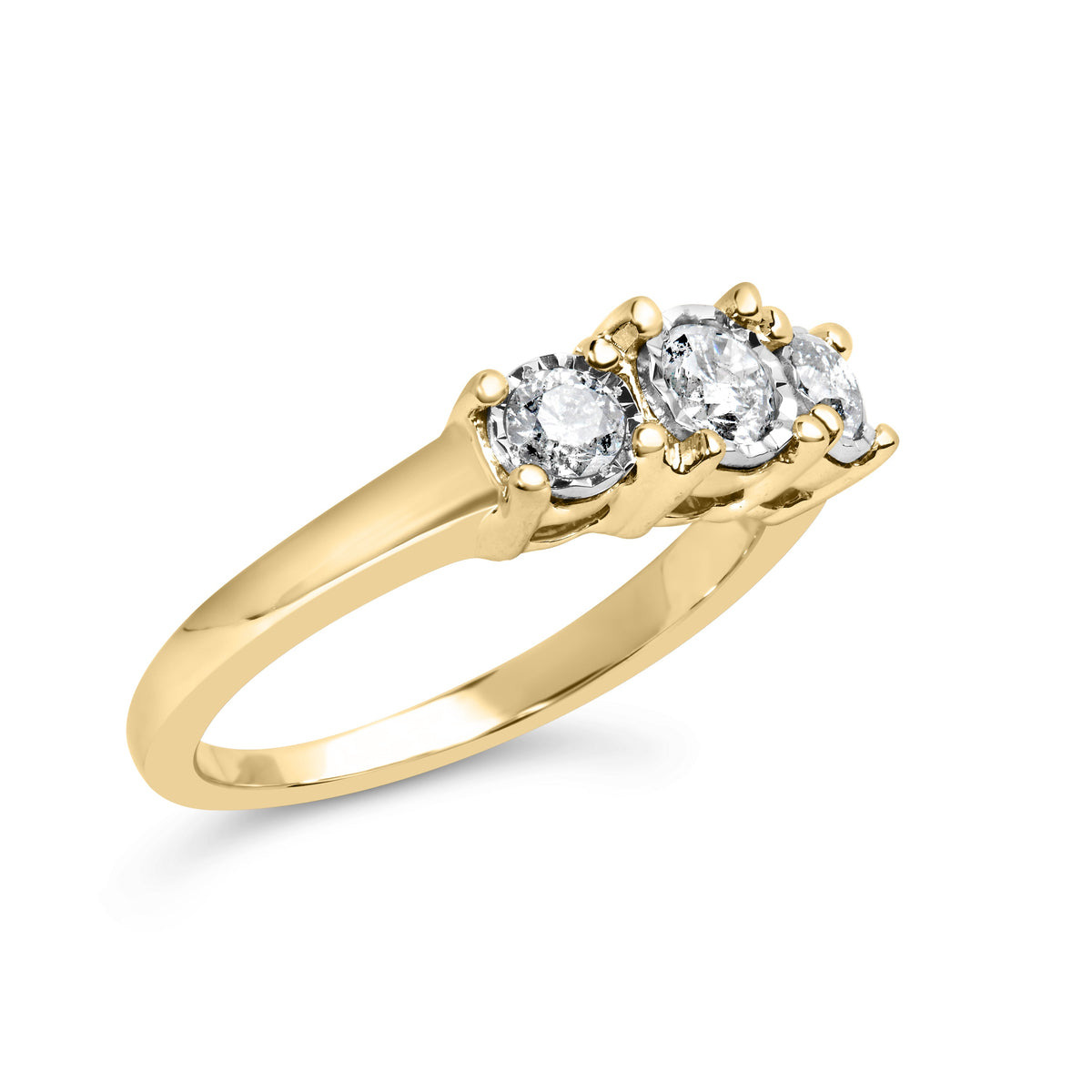 Anillo de Oro Amarillo de 10K con 1/2 Cttw de Diamantes Redondos Engaste Ilusión Tres Piedras en Montura Milagrosa (Color I-J, Claridad I2-I3) - Talla 7