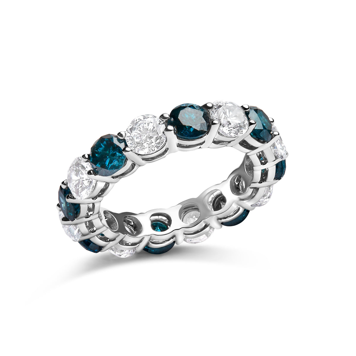 Anillo de oro blanco de 14 quilates con 6 1/4 Cttw de diamantes blancos creados en laboratorio y diamantes azules naturales tratados alternados (color F-G, claridad VS1-VS2)