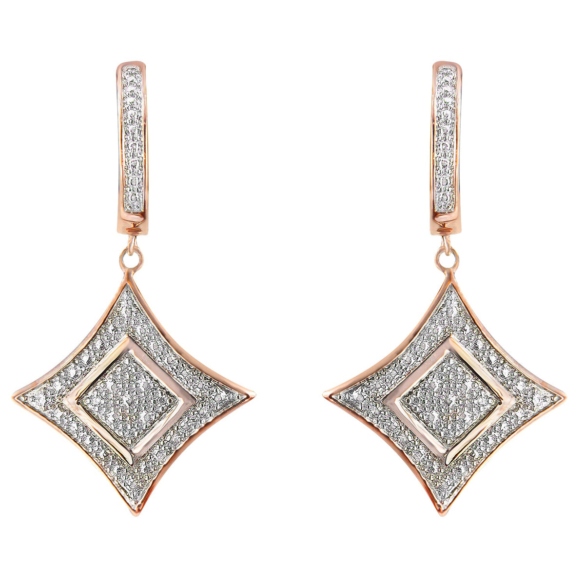 Aretes colgantes tipo cojín redondos de plata de ley chapados en oro rosa de 10K con diamante (0.04 quilates en total, color H-I, claridad I2-I3)