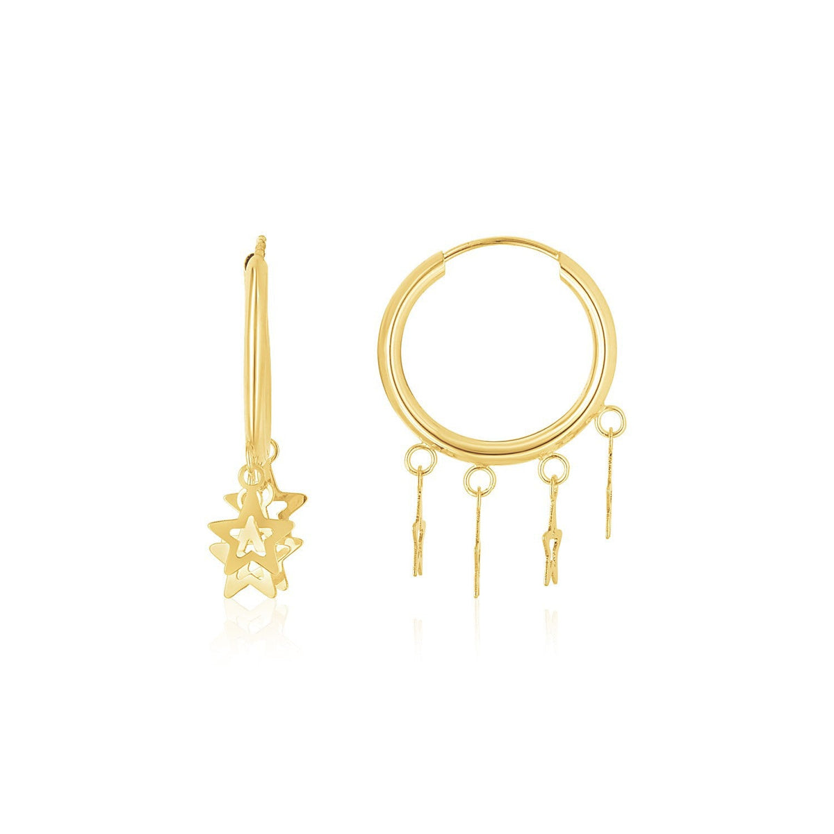 Pendientes de aro tipo Huggie con colgante de estrella sin fin de oro amarillo de 14 quilates