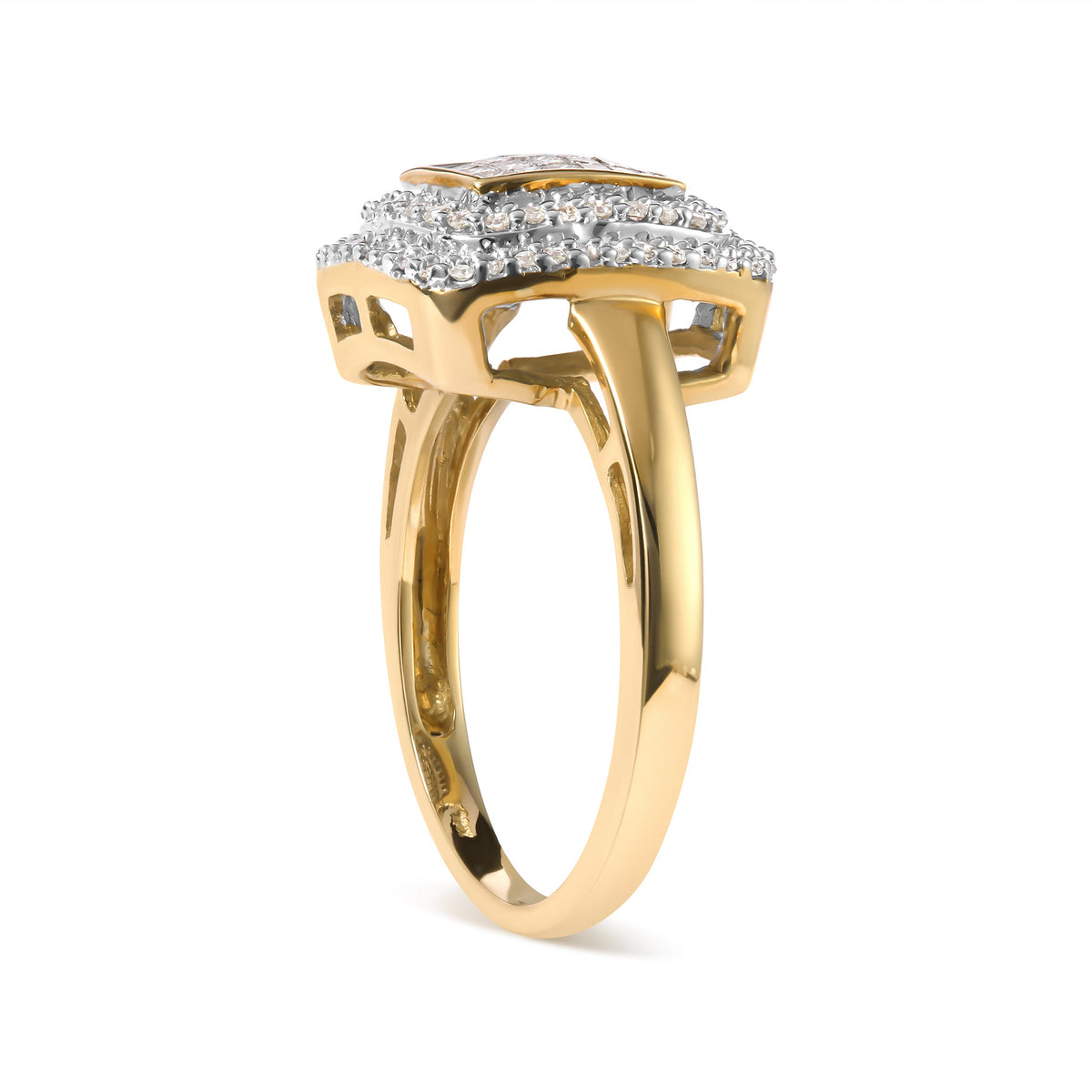 Anillo en oro amarillo de 10 qt con cabeza compuesta de diamantes redondos y talla princesa de 1/2 quilate en total y halo (color H-I, claridad SI1-SI2) - Talla 7