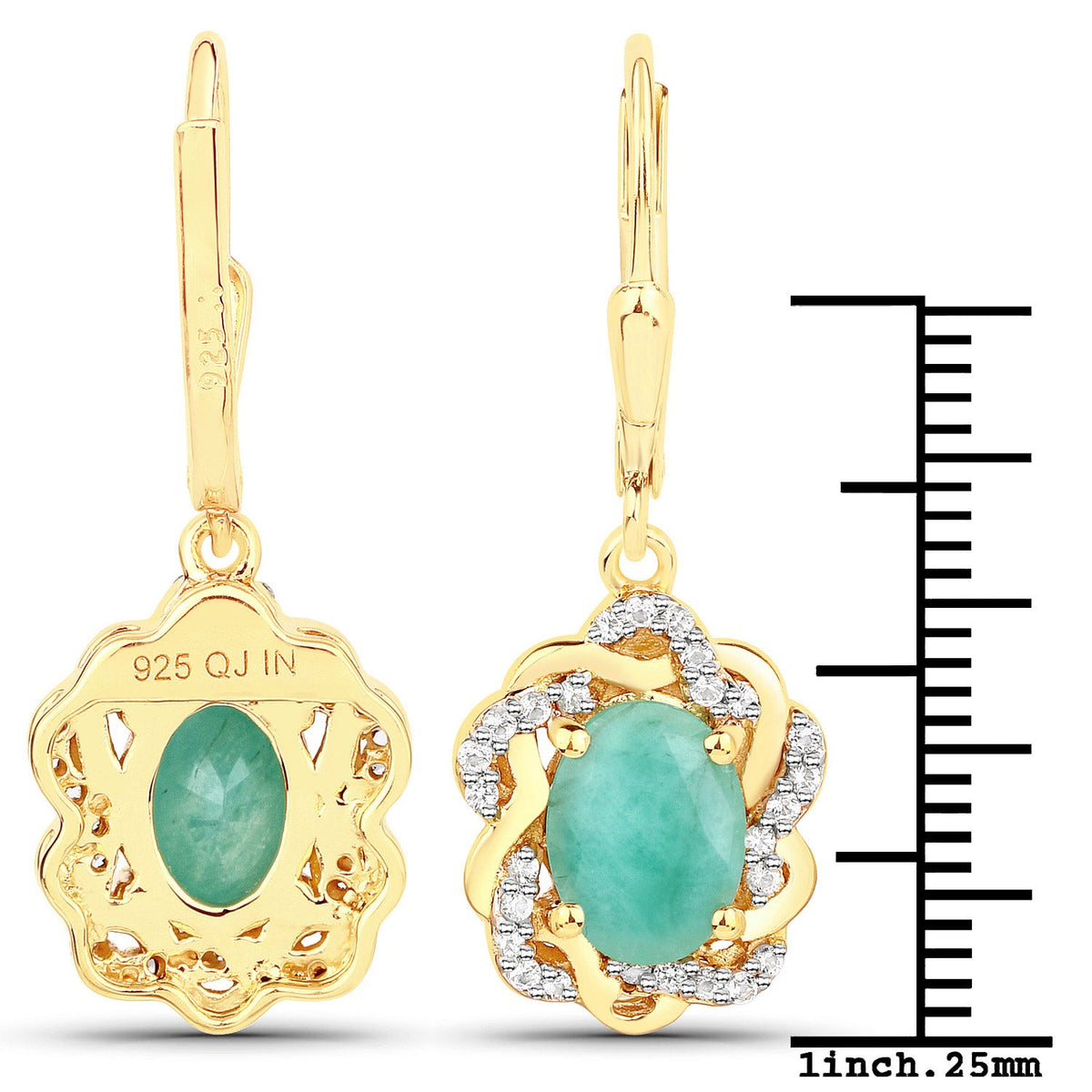 Pendientes de Plata de Ley .925 con Esmeralda Genuina y Topacio Blanco de 2.36 Quilates