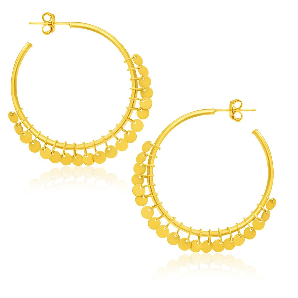 Pendientes de aro de oro amarillo de 14k con lentejuelas colgantes