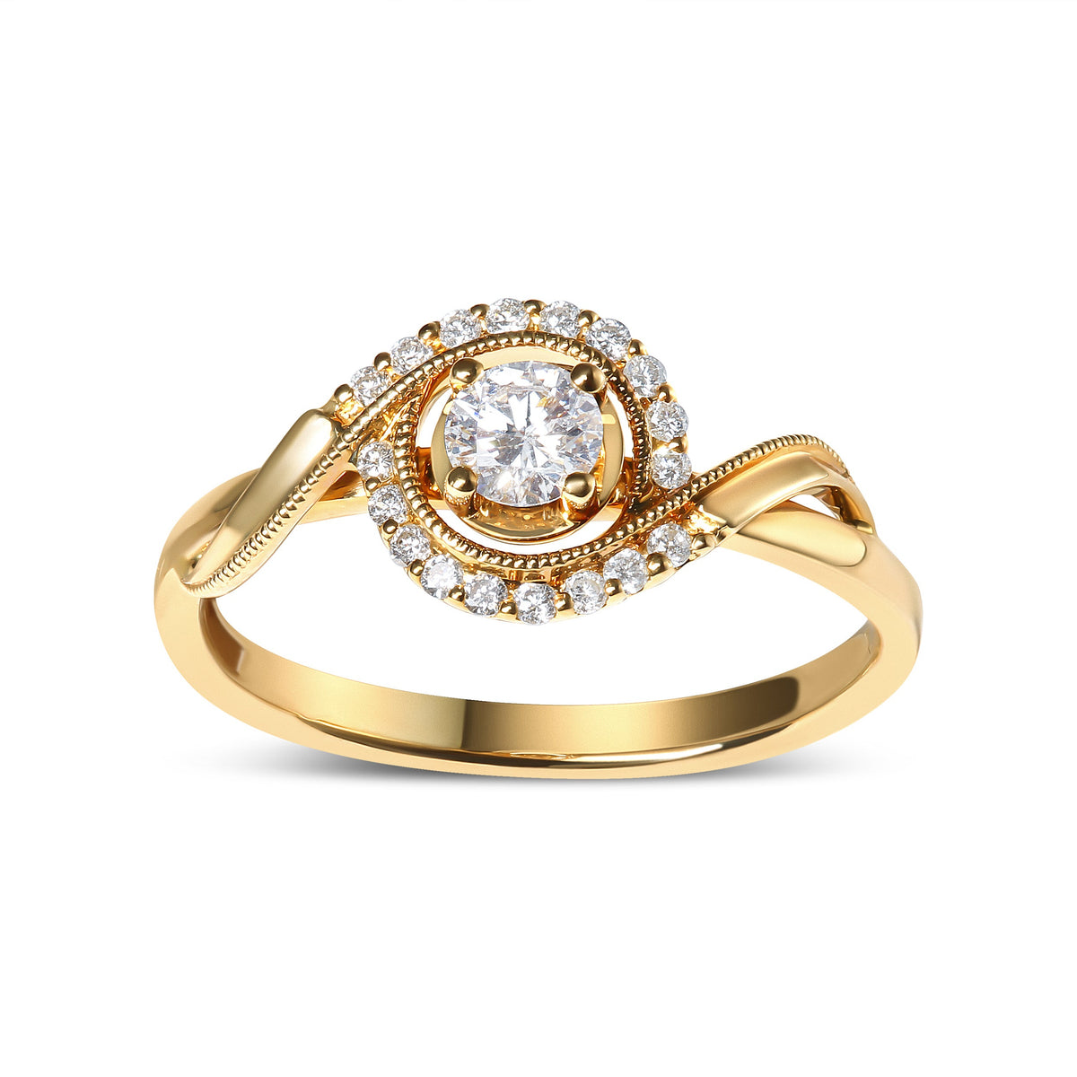 Anillo de compromiso con solitario y halo de remolino de oro amarillo de 14 quilates con diamantes de 1/3 Cttw (color G-H, claridad VS2-SI1) - Talla 7