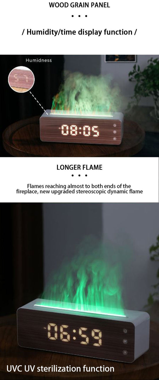 Flame Humidifier & Clock - Diffuser with Humidity Display - LED Light Fire Effect