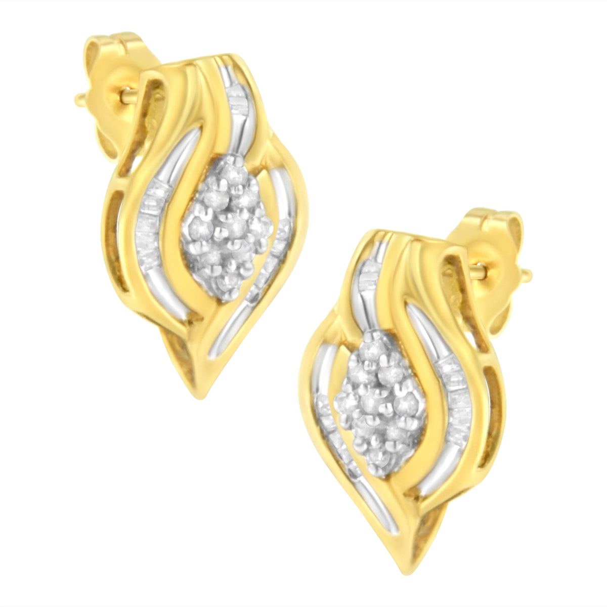 Pendientes de botón en oro amarillo de 10 qt con diamantes de talla redonda de 1/3 qt en forma de racimo y espiral (claridad J-K, color I2-I3)