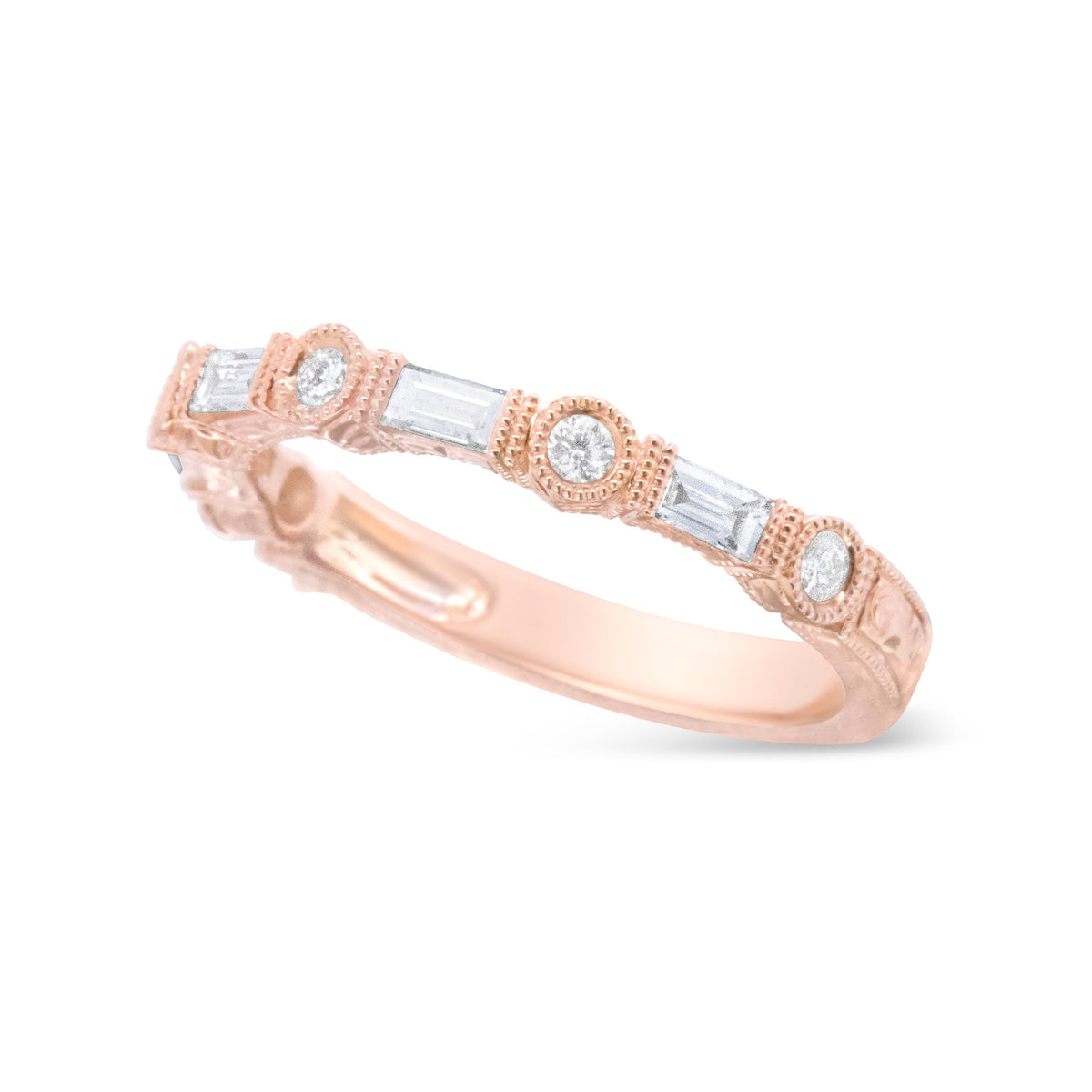 Anillo de boda de oro rosa de 14 quilates con diamantes baguette y redondos de 0.37 ct. (color H-I, claridad VS1-VS2) - Talla 6.75