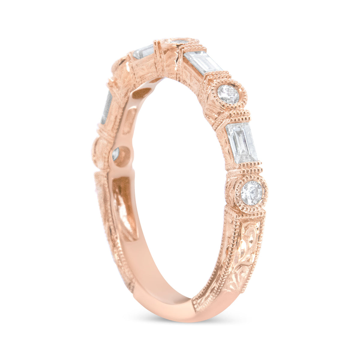 Anillo de boda de oro rosa de 14 quilates con diamantes baguette y redondos de 0.37 ct. (color H-I, claridad VS1-VS2) - Talla 6.75