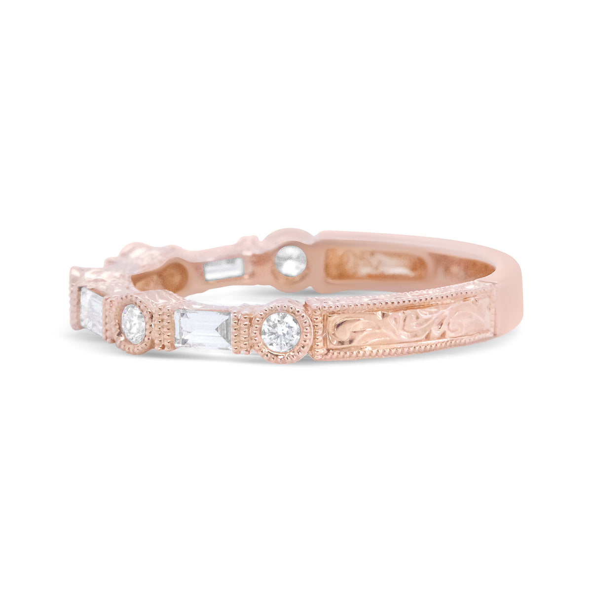 Anillo de boda de oro rosa de 14 quilates con diamantes baguette y redondos de 0.37 ct. (color H-I, claridad VS1-VS2) - Talla 6.75