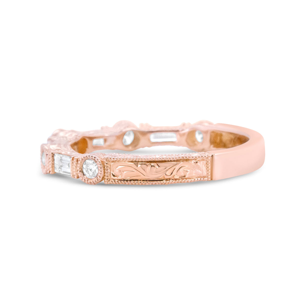 Anillo de boda de oro rosa de 14 quilates con diamantes baguette y redondos de 0.37 ct. (color H-I, claridad VS1-VS2) - Talla 6.75