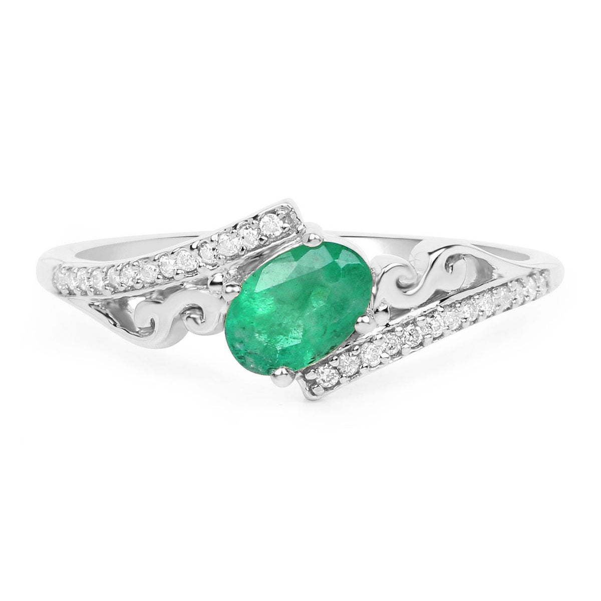 Anillo de oro blanco de 14K con esmeralda genuina de Zambia de 0,51 quilates y diamantes blancos