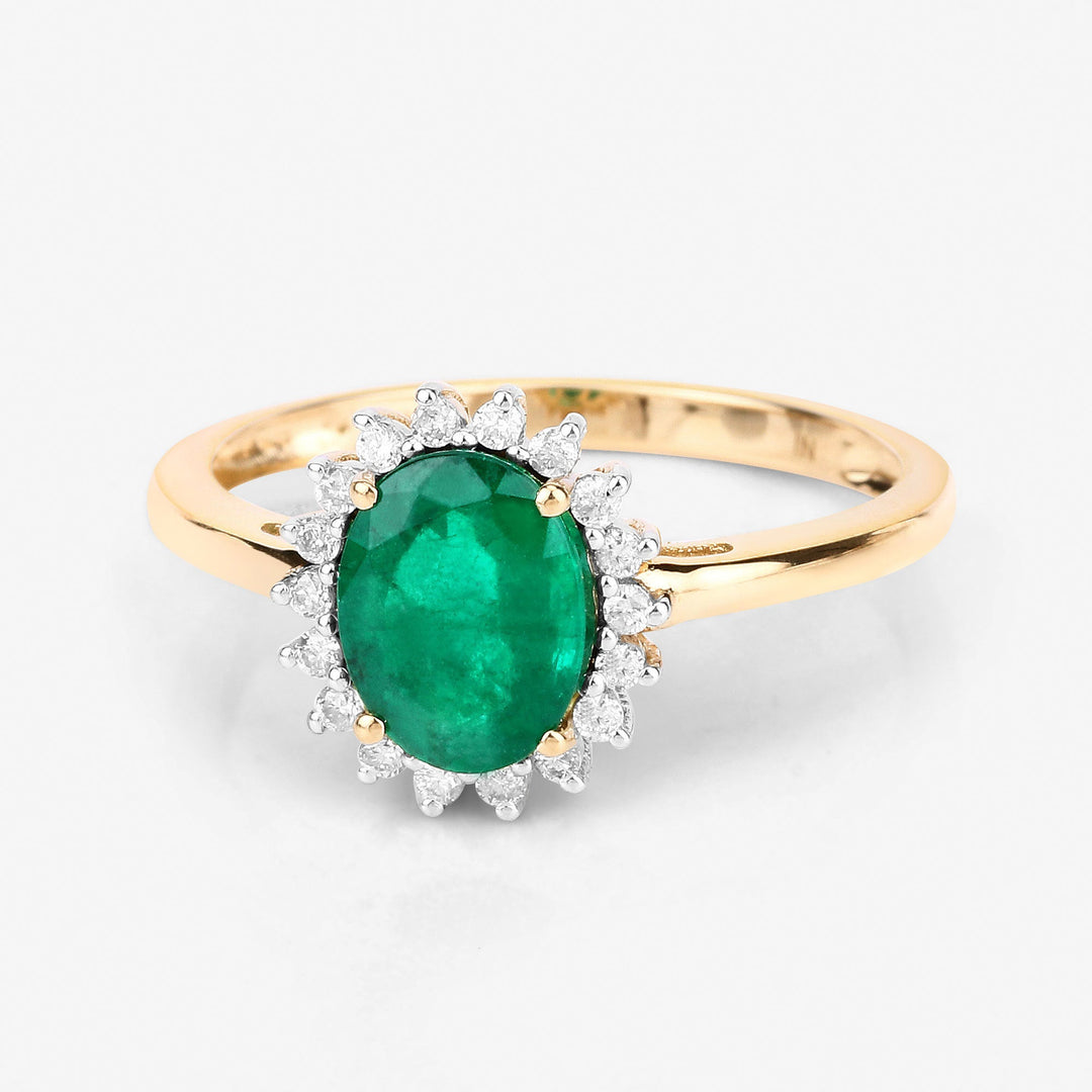 1.34 Carat Genuine Zambian Emerald and White Diamond 14K Yellow Gold Ring