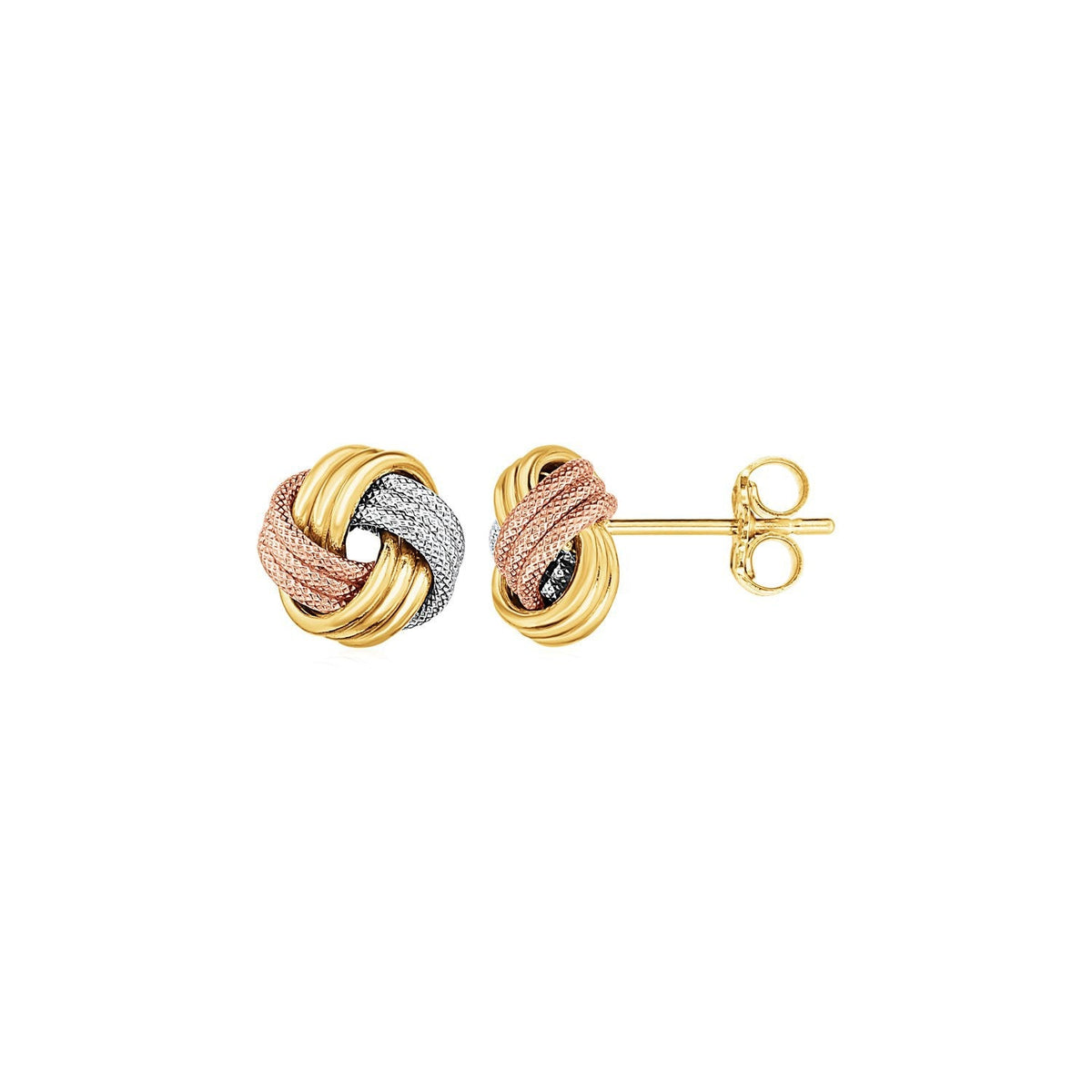 Pendientes de poste nudo de amor en oro tricolor de 14k