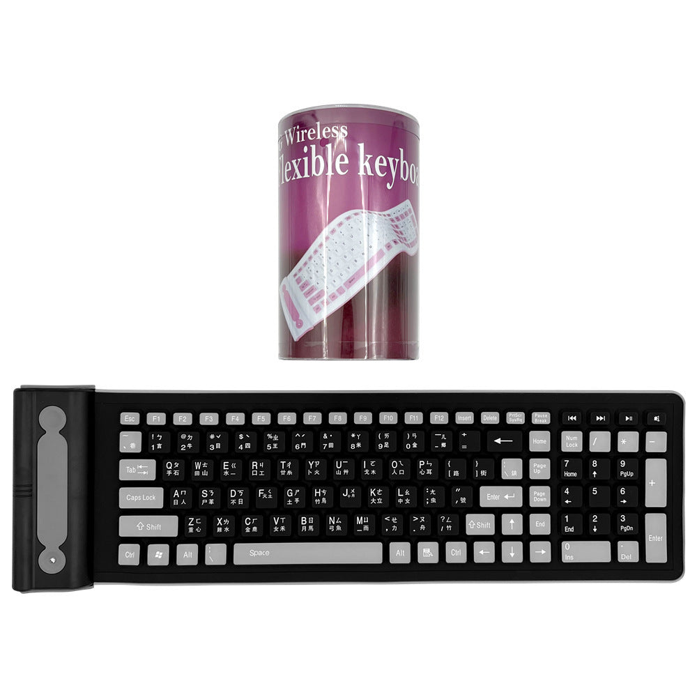 Wireless Keyboard - Soft Foldable Roll-up Silicone - Silent Typing / Waterproof (Black/Gray)