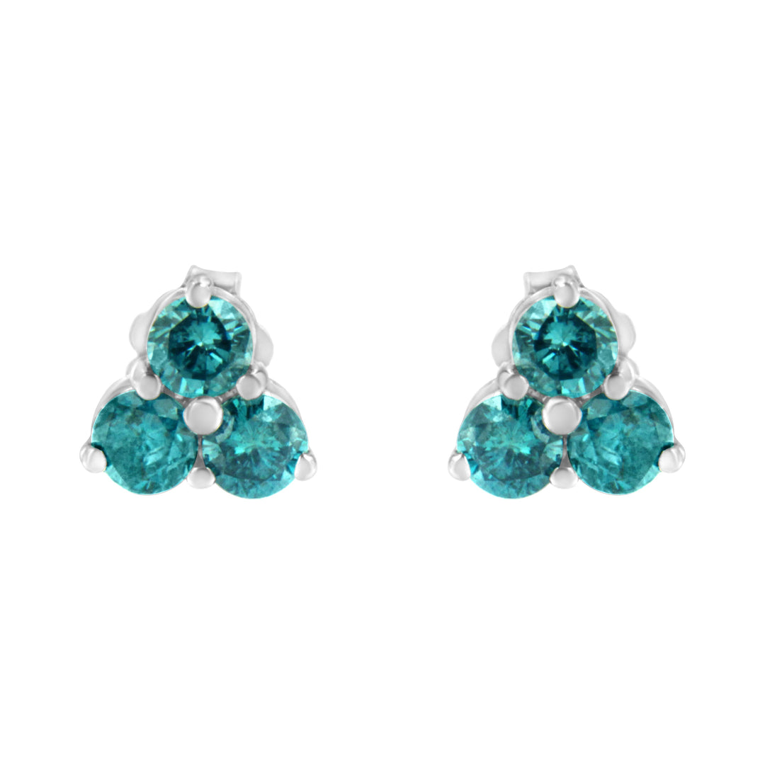 14KT White Gold Treated Blue Diamond Trio Stud Earrings (1 1/3 cttw, Blue)