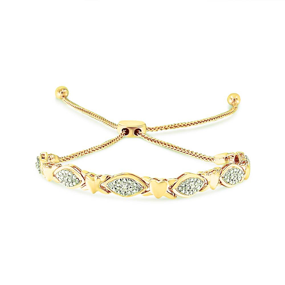 Pulsera Bolo de Eslabones de Corazón y Forma Marquesa Alternados con Acentos de Diamantes de Plata Esterlina .925 con Baño de Oro Amarillo de 14K (Color I-J, Claridad I3) - Ajustable de 6" a 9"