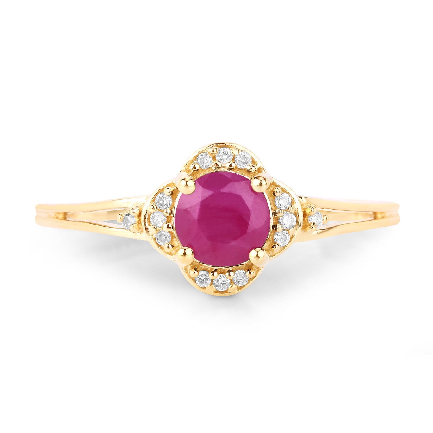 Anillo de oro amarillo de 14K con rubí genuino de 0.59 quilates y diamantes blancos