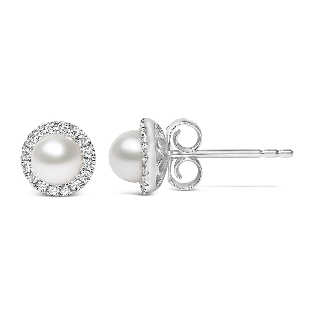 Pendientes de botón halo de oro blanco de 10K con perlas cultivadas de agua dulce de 4,5 mm y diamantes de 1/7 Cttw (color I-J, claridad I1-I2)