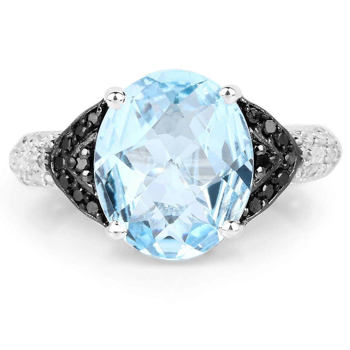 Anillo de Plata Fina .925 con Topacio Azul Suizo Genuino de 5.37 Quilates, Diamante Negro y Topacio Blanco