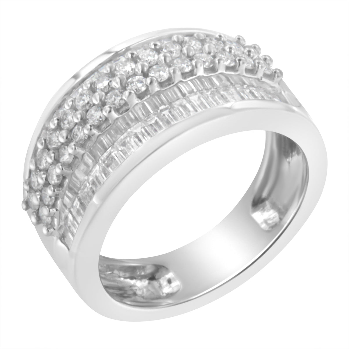 Anillo de oro blanco de 14K con diamantes redondos y baguette (1 1/2 Cttw, color F-G, claridad SI1-SI2) - Talla 6-3/4