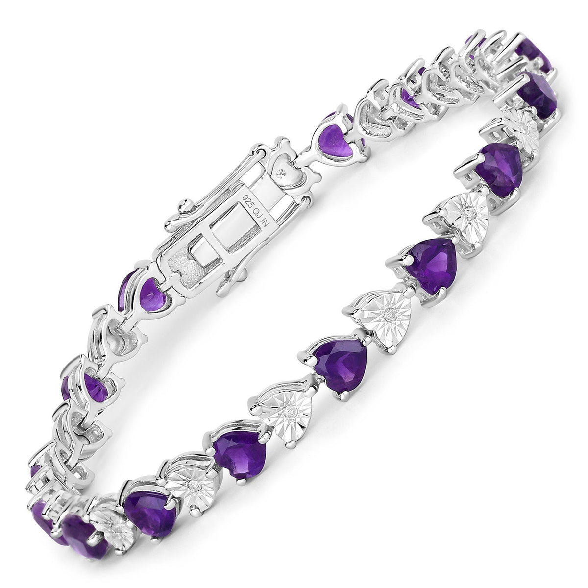 Pulsera de amatista genuina de 6,59 quilates y diamantes blancos de plata esterlina .925