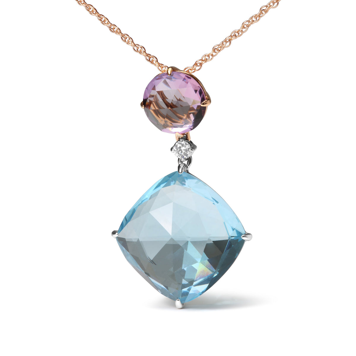 Collar con colgante de oro blanco y rosa de 18 quilates con acento de diamante redondo y amatista rosa de Francia redonda y topacio azul cielo de talla cojín, 18 pulgadas (Color G-H, Claridad SI1-SI2)
