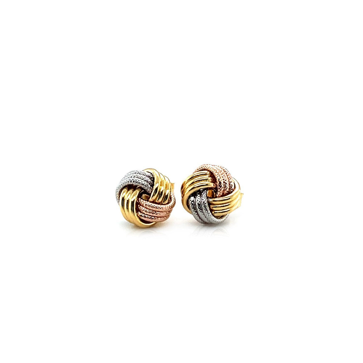 Pendientes de poste nudo de amor en oro tricolor de 14k