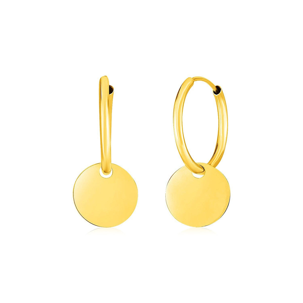 Pendientes de aro estilo huggie de oro amarillo de 14k con colgantes circulares