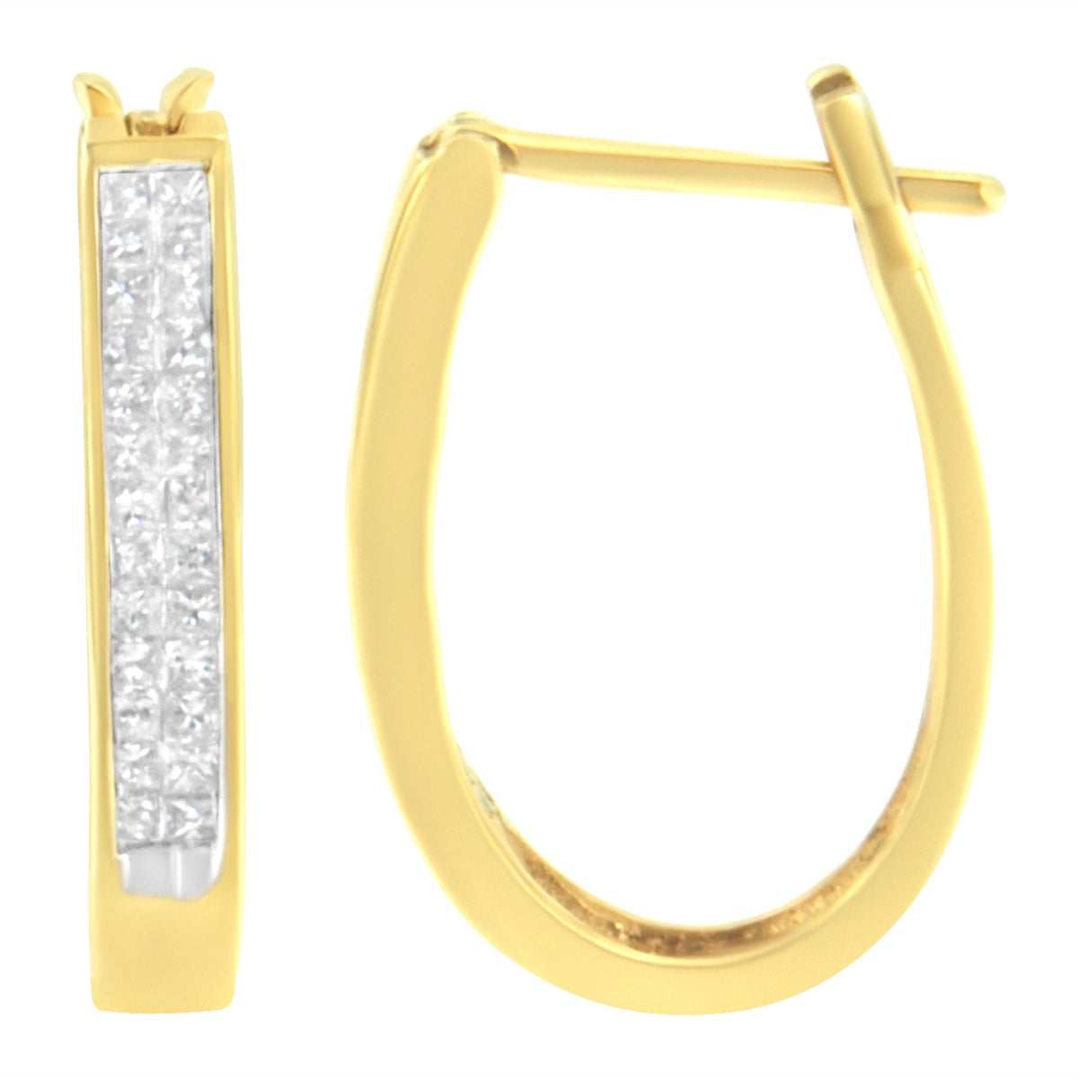 Pendientes de aro de oro amarillo de 10K con diamantes de talla princesa de 1/2 Cttw, engaste invisible (color H-I, claridad SI2-I1)
