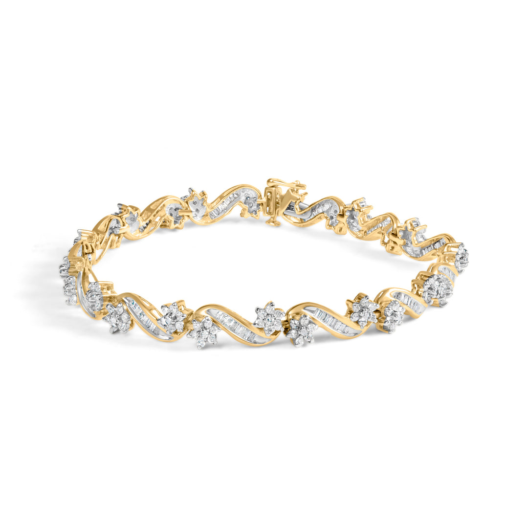 10k Yellow Gold 3.00 Cttw Round-Cut and Baguette-Cut Floral Link 7.25" Bracelet (I-J Color, I1-I2 Clarity)