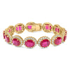 Pulsera de eslabones de oro amarillo de 14 quilates con halo de rubí rojo ovalado de 34,0 Cttw y diamantes de 6 2/5 Cttw (color I-J, claridad SI1-SI2) - 7,25 pulgadas