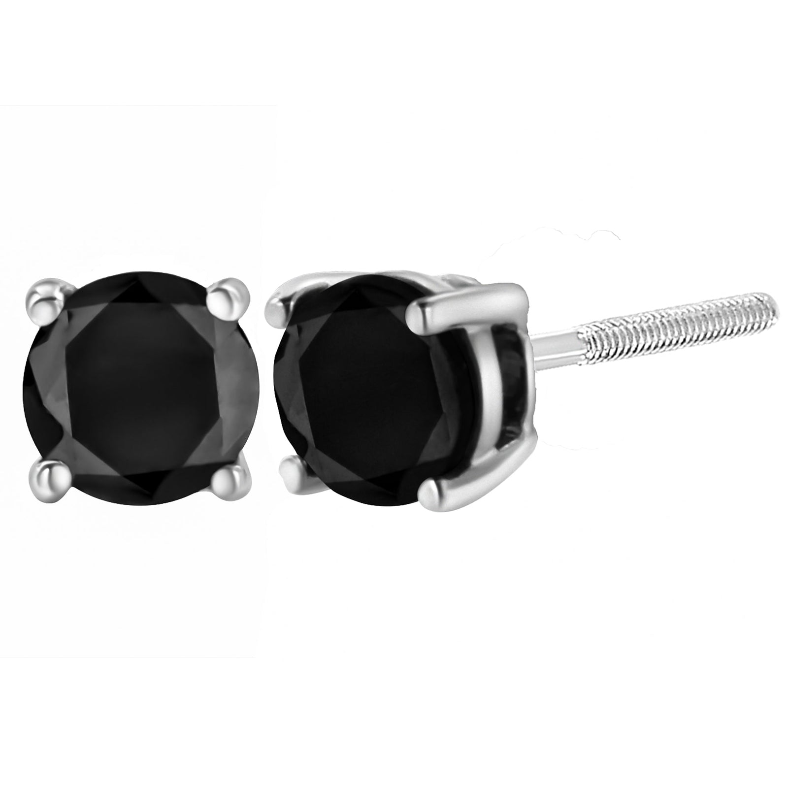 Pendientes de Plata Fina .925 con Diamantes Negros de 4.00 Qts. Talla Brillante Redonda, Engastados en Bisel, con Cierre de Rosca (Color Fantasía Mejorado, Claridad I2-I3)